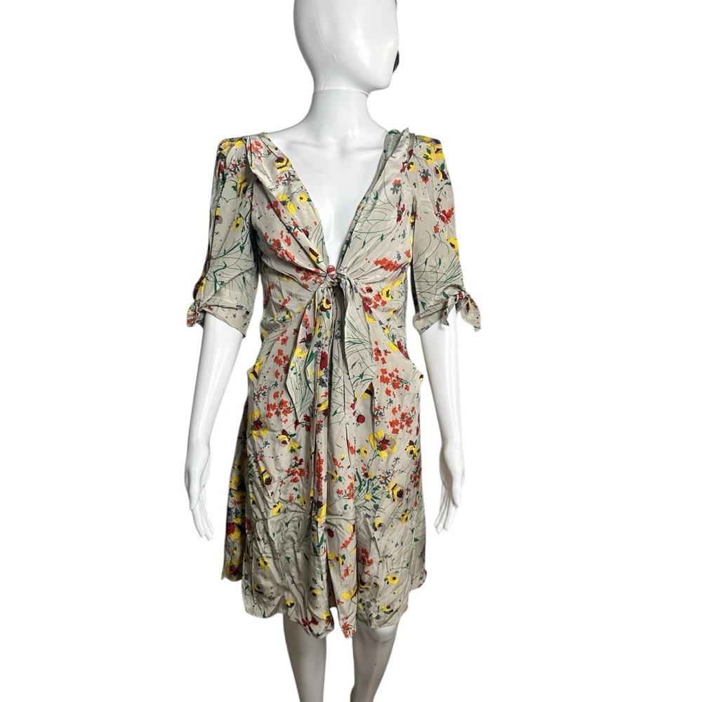 Baraschi 100% Silk Dress Floral Tie-Front Dress Gray Mini S - Picture 1 of 10